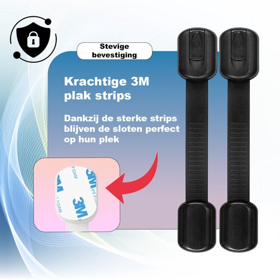 Twee zwarte kindersloten met sterke 3M plakstrips voor een veilige bevestiging.