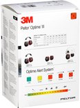 Verpakking van 3M Peltor Optime III gehoorbescherming met zwarte oorschelpen en rode accenten. Toont productvarianten en geluidsniveau-informatie.