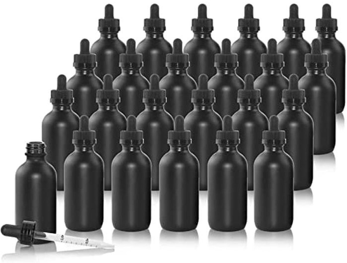 Matte Zwarte Druppelflesjes - 24 Stuks - 60 ml Glazen Tinctuurflessen met Oogdruppelaars