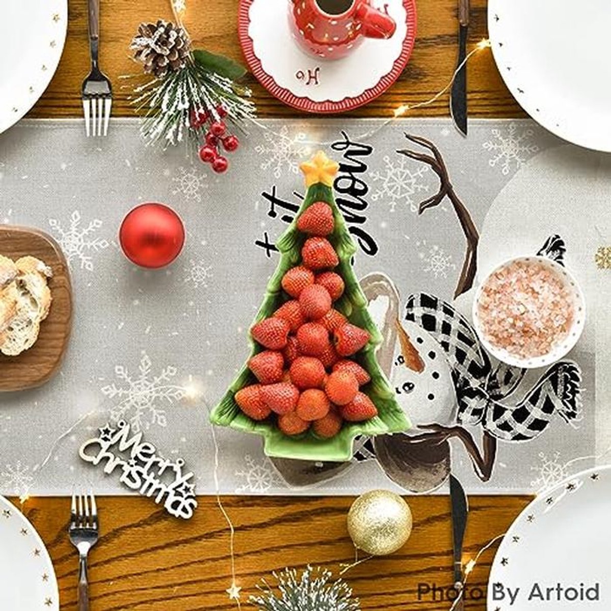 Grijze Sneeuwpop Sneeuwvlokken Tafelloper - Winter Keuken Eettafel Decor