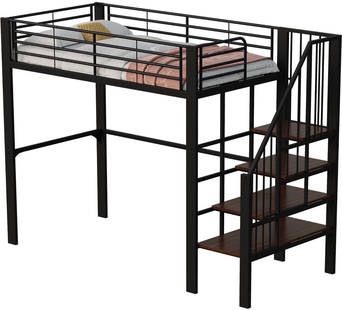 Merax Hoogslaper Bed 90x200 cm - Metalen Bed met Opbergruimte - Met Trap - Houten Lattenbodem - Zwart