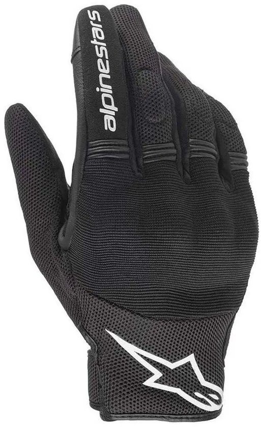 Zwarte Alpinestars motorhandschoen met wit logo op de pols en mesh stof.