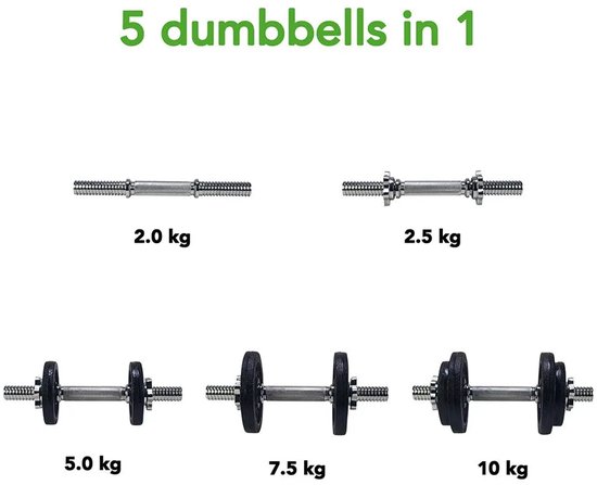 Afbeelding toont 5 verschillende gewichten dumbbells (2,0 kg, 2,5 kg, 5,0 kg, 7,5 kg, 10 kg) samengesteld met halterstang en gewichtsschijven.