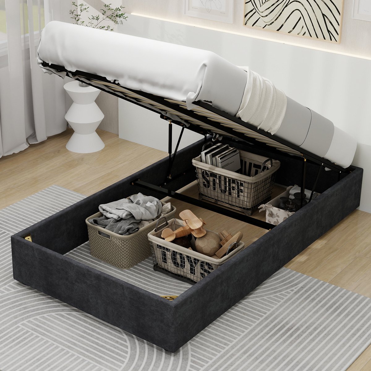 Clruro Eenpersoonsbedden - 90x200CM - Modern Minimalistisch Bedframe Met Gaslift - Velours - Grijs (Geen Matras)