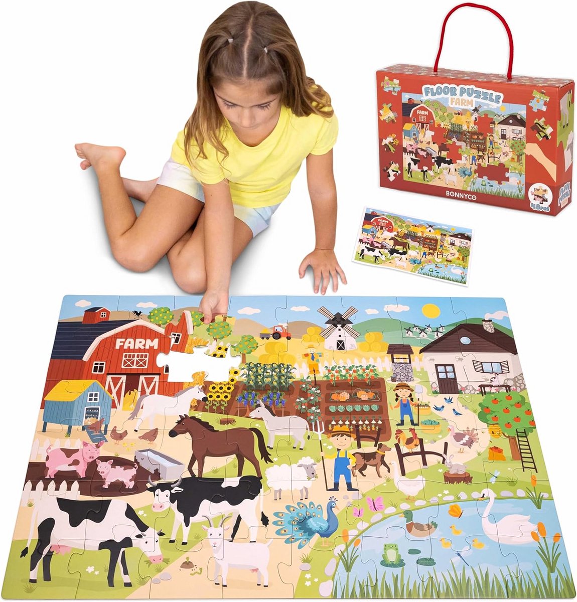 Reuzevloer Puzzel met Boerderijdieren - 48 Grote Stukken Educatieve Puzzel voor Kinderen van 2-8 Jaar