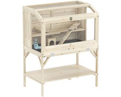 Hamsterkooi - Cavia kooi - Rattenkooi - Huisje - 2 Niveaus - Verwijderbare Lade - Met Voederstation - Zaag - Loopplank - Hutten - Hangbrug - Hout - 84L x 53B x 110H cm - Natuurhout-oppervlak