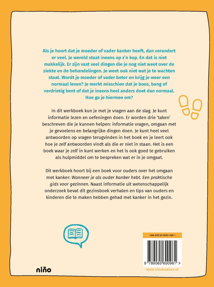 Achterkant boek: tekst met uitleg over de werkwijze, ISBN en website, met symbool van een boek en schoenen.