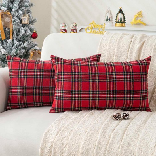 Coussin de Noël en deux parties, à carreaux tartan rouges et noirs, rectangulaire, doux et décoratif, pour canapé ou chambre.