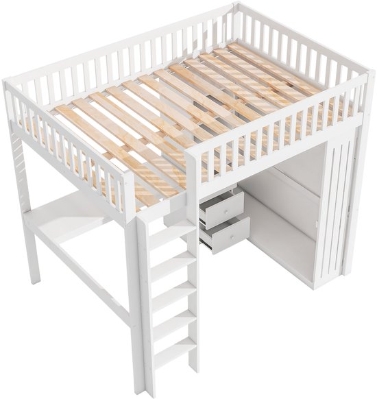Lit mezzanine Merax 140x200 cm - avec bureau - armoire - 3 tiroirs - escalier - lit en bois avec espace de rangement - lit enfant avec bureau - Wit - sans Matras