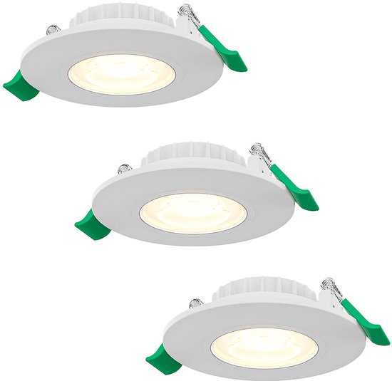 Set van drie ronde, dimbare witte LED inbouwspots met verstelbare montagestanden en groene klemmen.