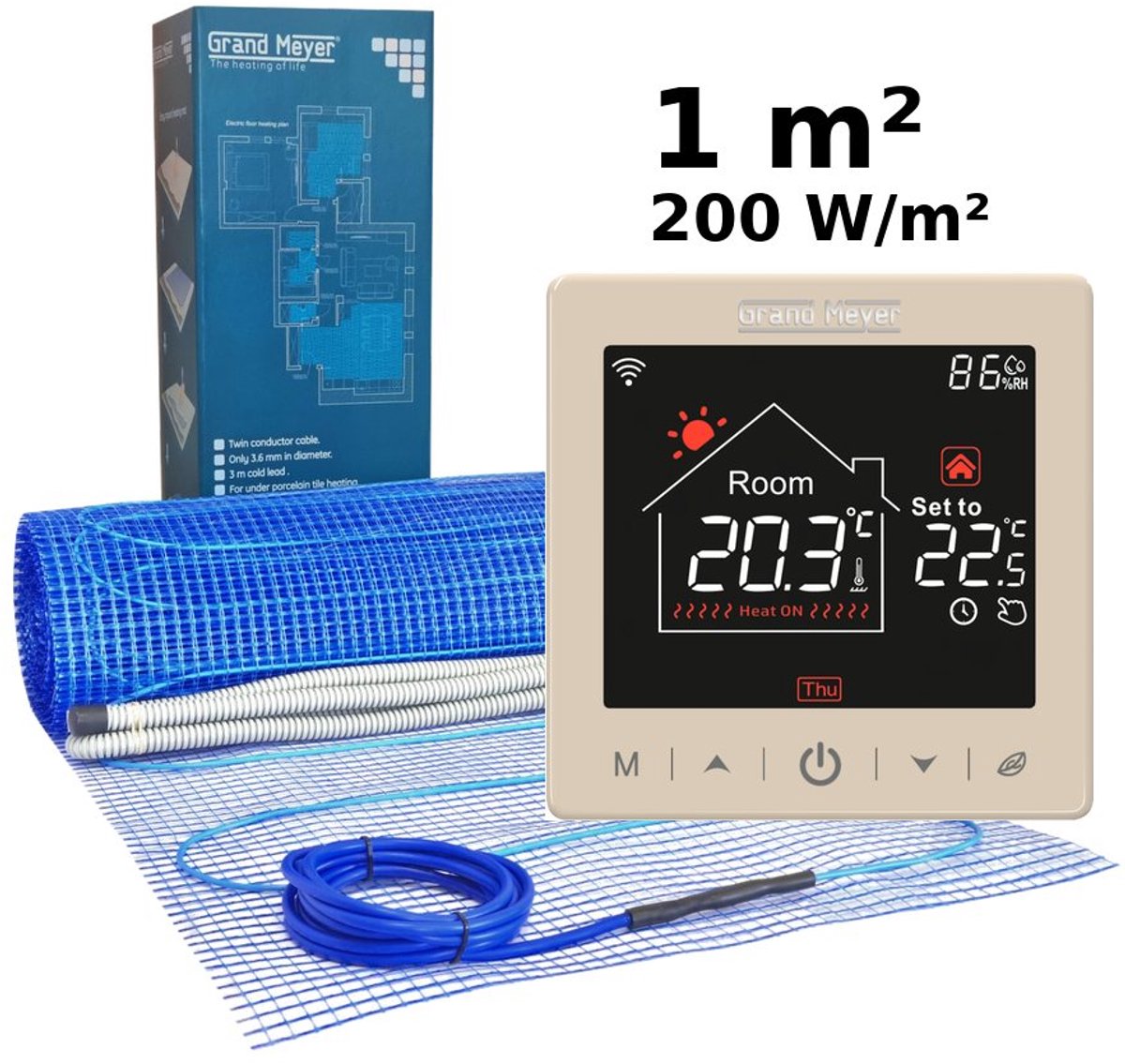Elektrische vloerverwarmingsset 1 m², 200 W/m² + SN-15 Wi-Fi programmeerbare thermostaat