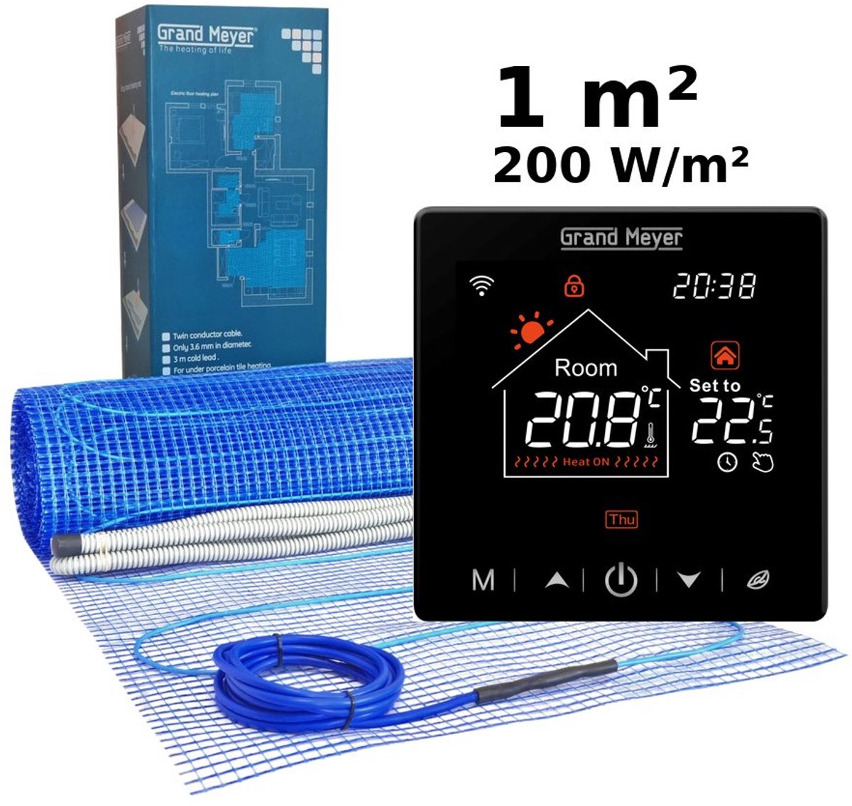 Elektrische vloerverwarmingsset 1 m², 200 W/m² + SN-20 Wi-Fi programmeerbare thermostaat