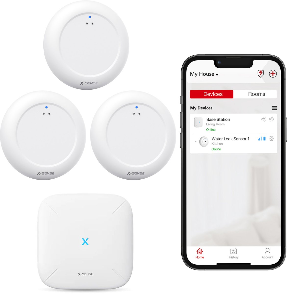 X-Sense SWS0A Slimme Watermelder bundel met WiFi - 3 stuks met Base Station - Werkt met app - Watersensor - Wateralarm - Waterlekkage detector - Waterdetector - Vochtmeter - Lekdetectie