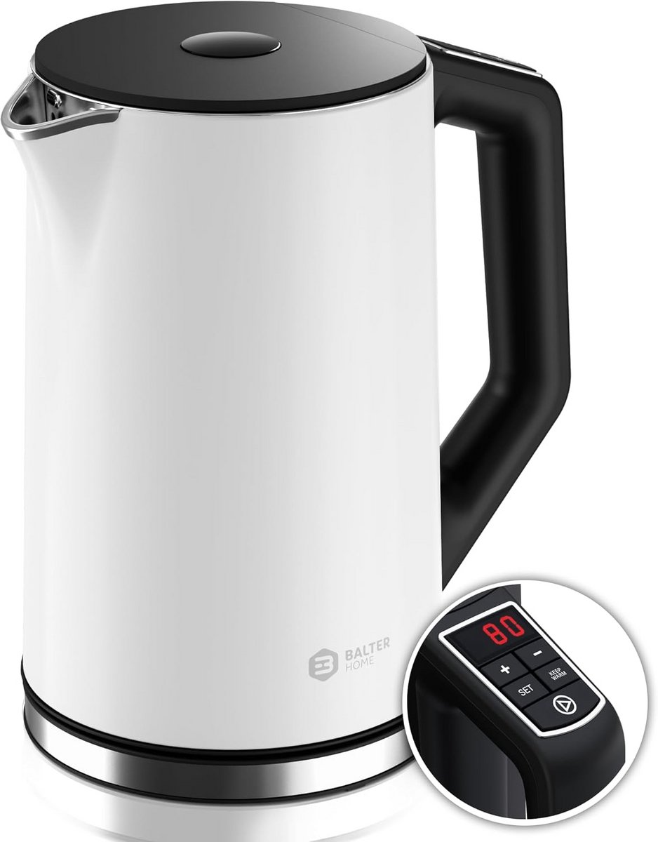 Waterkoker met temperatuurregeling 40-100 °C, 1,5 L, 2200 W, dubbelwandig, BPA-vrij, wit