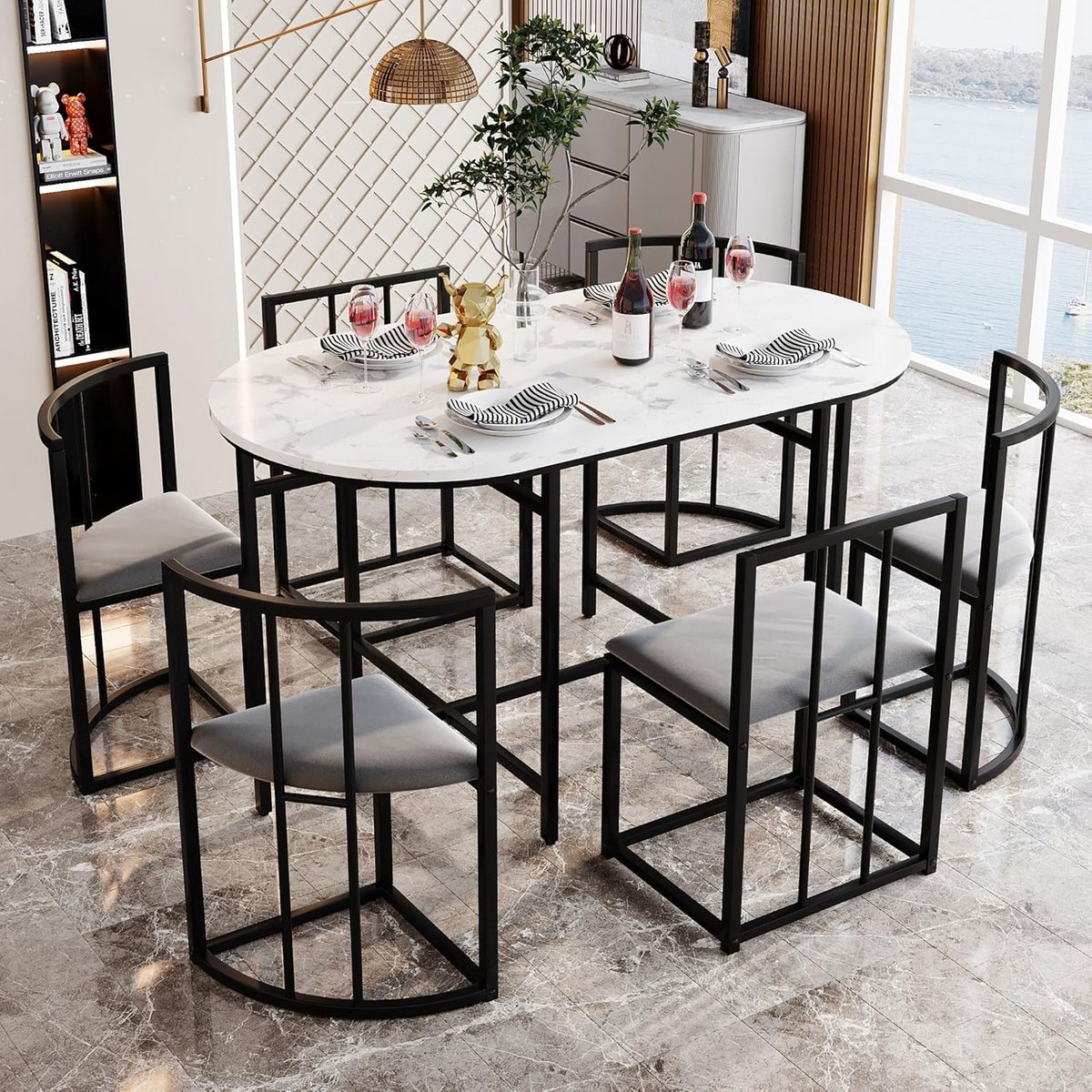 Eettafelset 6 stoelen wit zwart modern MDF ijzeren frame velours comfortabel