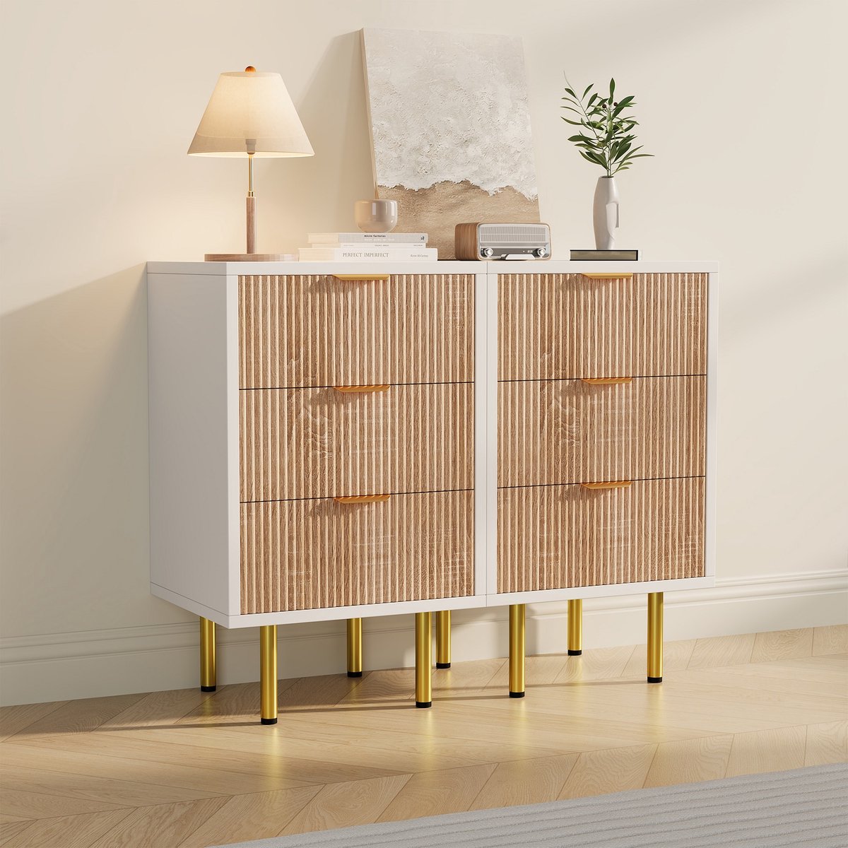 Nachtkastjeset met 3 lades (set van 2), commode met 3 lades, nachtkastje met goudkleurige metalen handgrepen, commode, moderne ladekast voor slaapkamer, woonkamer, kantoor, kast, hout + wit