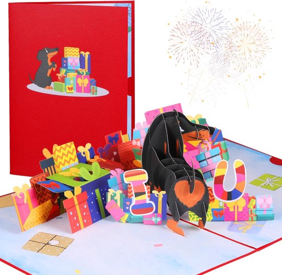 REMOtech 3D pop-up verjaardagskaart, partybus met honden, cadeaus en ballondesign, handgemaakt, 15 x 20 cm