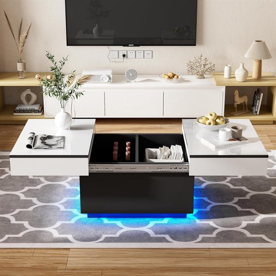 JoliJour Coffee Table White High Gloss With LED, Extendable, 2 Storage Spaces, 20 Colors Lighting, Living Room Table, Middle Table, 80 x