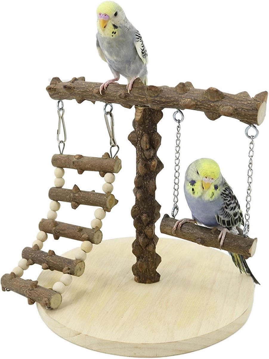 Houten Speelstandaard voor Vogels met Schommel en Ladder - Natuurlijke Klimtoren voor Parkieten en Papegaaien