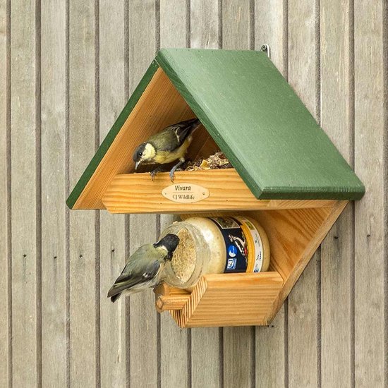 CJ Wildlife Maison d'alimentation pour oiseaux avec support pour pot de beurre d'arachide & Place pour nourriture pour oiseaux - Cumberland - Maison d'alimentation pour petits oiseaux & oiseaux de jardin - Modèle mural - Vert