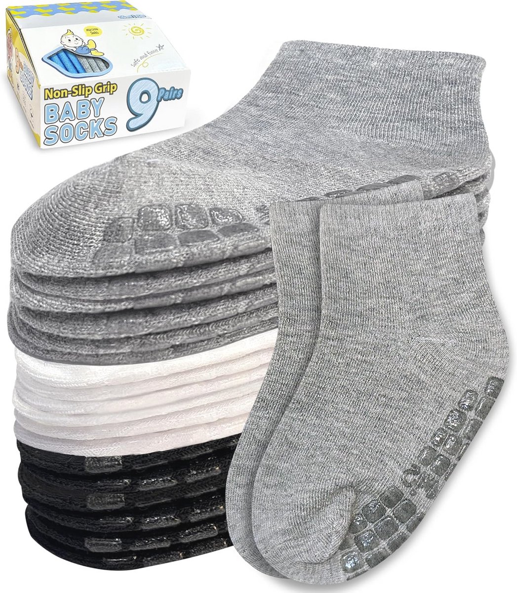 Antislip Kinder Sokken met Waszak - 9 Paar Babysokken voor Jongens en Meisjes (0-7 Jaar)
