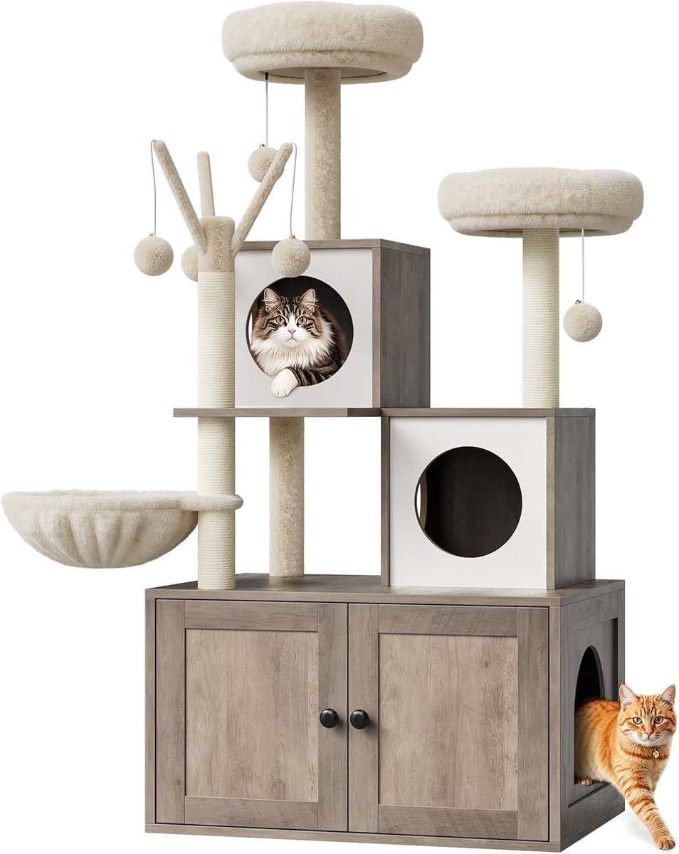 Kattenbakmeubel met Krabpaal & Krabmeubel – Verborgen Kattenbak + Huisje, Sisal Krabpaal & Zachte Ligplek – Modern Houten Design – Grijs