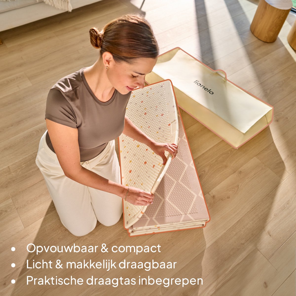 Lionelo Zora Speelmat Baby – Premium Foam Speelkleed 180×200×1.5 cm – Dikke Dubbelzijdige Kruipmat Antislip – Boho Beige Speeltapijt voor Woonkamer & Kinderkamer – Opvouwbaar + Opbergtas – Baby Speelgoed vanaf 0+ Maanden – Grote Speelmat voor Cadeau — afbeelding 9
