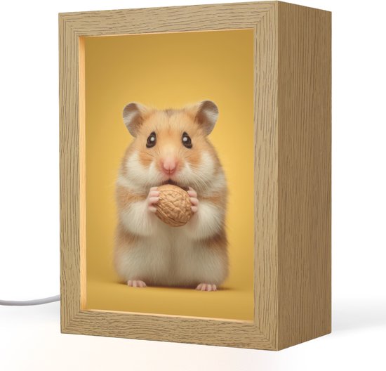 Houten led lamp met hamster op gele achtergrond, 15x20 cm.