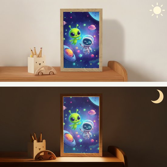 Nachtlampje 20x30 cm - Kinder lampje - Alien - Astronaut - Ruimte - Planeten - Tafellamp kinderkamer - Slaapkamer lamp - Bedlamp kinderen - Kinderlampje stopcontact - Wandlamp babykamer - Nachtlampjes van Merkloos — afbeelding 4