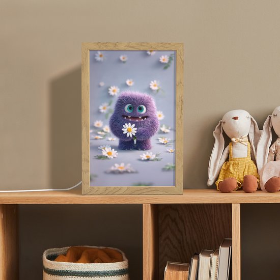 Nachtlampje 20x30 cm - Kinder lampje - Monster - Paars - Madeliefjes - Tafellamp kinderkamer - Slaapkamer lamp - Bedlamp kinderen - Kinderlampje stopcontact - Wandlamp babykamer - Nachtlampjes van OnlyWow — afbeelding 3