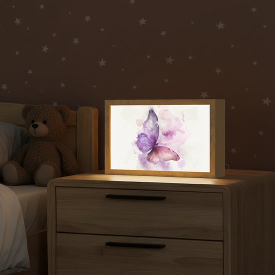 Nachtlampje 30x20 cm - Kinder lampje - Vlinder - Paars - Pastel kleuren - Tafellamp kinderkamer - Slaapkamer lamp - Bedlamp kinderen - Kinderlampje stopcontact - Wandlamp babykamer - Nachtlampjes van Merkloos — afbeelding 2
