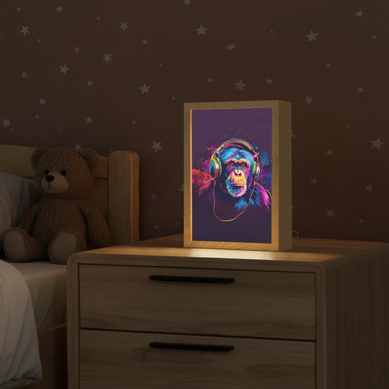 Nachtlampje 20x30 cm - Kinder lampje - Aap - Koptelefoon - Muziek - Kleurrijk - Tafellamp kinderkamer - Slaapkamer lamp - Bedlamp kinderen - Kinderlampje stopcontact - Wandlamp babykamer - Nachtlampjes van Merkloos — afbeelding 2