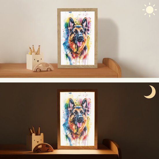 Nachtlampje 20x30 cm - Kinder lampje - Hond - Verf - Dieren - Kleurrijk - Duitse Herder - Tafellamp kinderkamer - Slaapkamer lamp - Bedlamp kinderen - Kinderlampje stopcontact - Wandlamp babykamer - Nachtlampjes van Merkloos — afbeelding 4