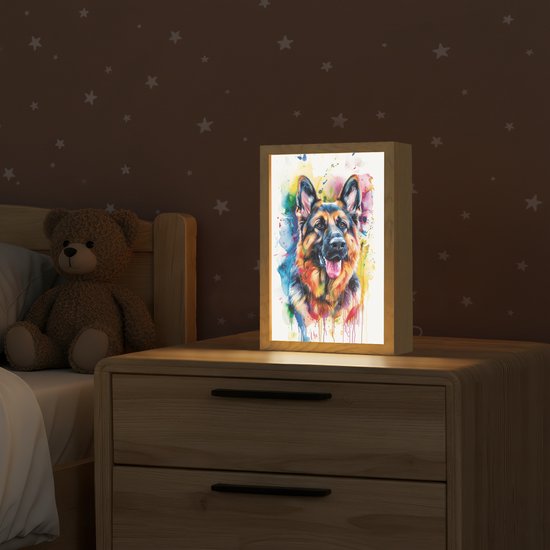 Nachtlampje 20x30 cm - Kinder lampje - Hond - Verf - Dieren - Kleurrijk - Duitse Herder - Tafellamp kinderkamer - Slaapkamer lamp - Bedlamp kinderen - Kinderlampje stopcontact - Wandlamp babykamer - Nachtlampjes van Merkloos — afbeelding 2