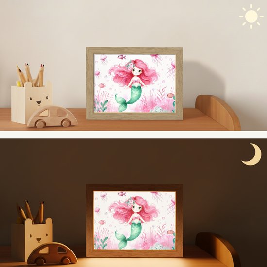 Nachtlampje 20x15 cm - Kinder lampje - Zeemeermin - Roze - Zeedieren - Onderwater - Tafellamp kinderkamer - Slaapkamer lamp - Bedlamp kinderen - Kinderlampje stopcontact - Wandlamp babykamer - Nachtlampjes van OnlyWow — afbeelding 4