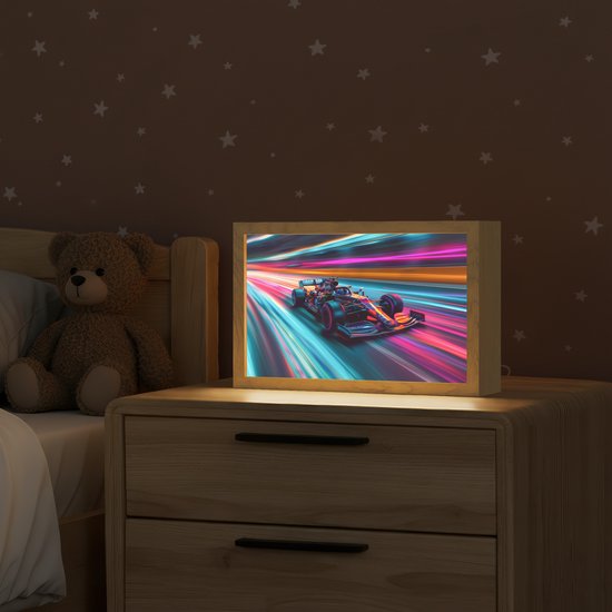 Nachtlampje 30x20 cm - Kinder lampje - Racen - Auto - Race - Jongens - Kleurrijk - Tafellamp kinderkamer - Slaapkamer lamp - Bedlamp kinderen - Kinderlampje stopcontact - Wandlamp babykamer - Nachtlampjes van Merkloos — afbeelding 2