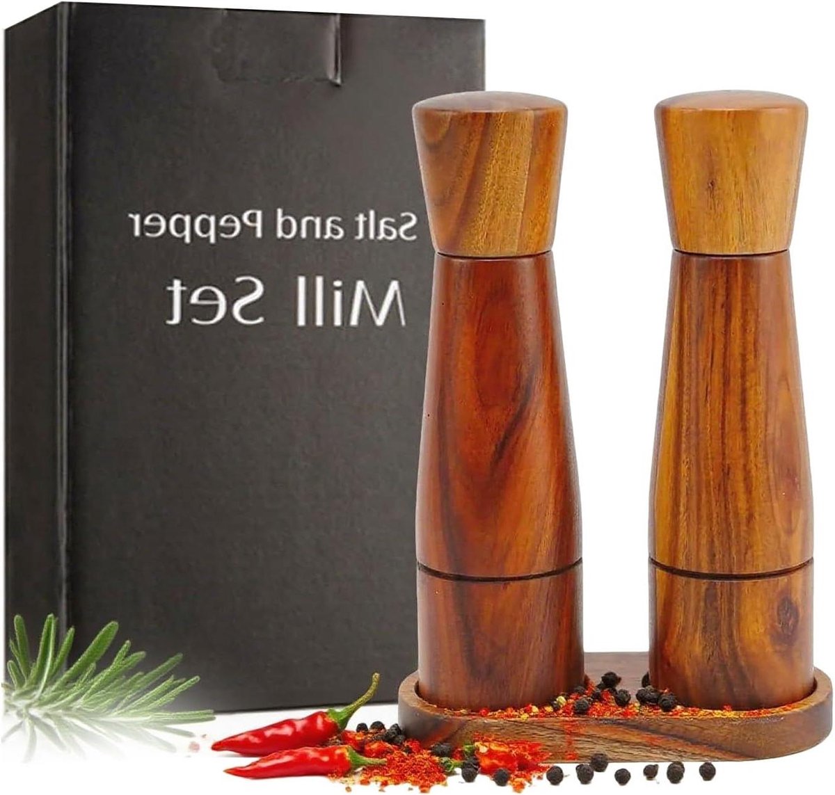 Allecta - Houten Zout- en Pepermolens Set van 2 Stuks 20 cm - Verstelbare Grofheid met Lade