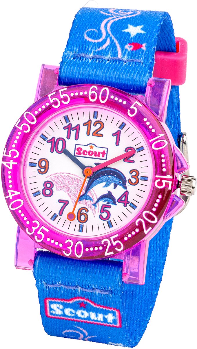 Scout Kinderuhr analog aus der Serie "The IT Collection" mit blau pinkem Textilband, Delfin-Motiven und Quarzwerk