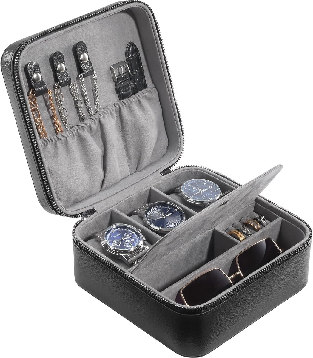 Reis Horloge Case met 3 Slots - PU Leren Horloge Accessoires Opbergtas voor Mannen - Zwarte Organizer met Ritssluiting