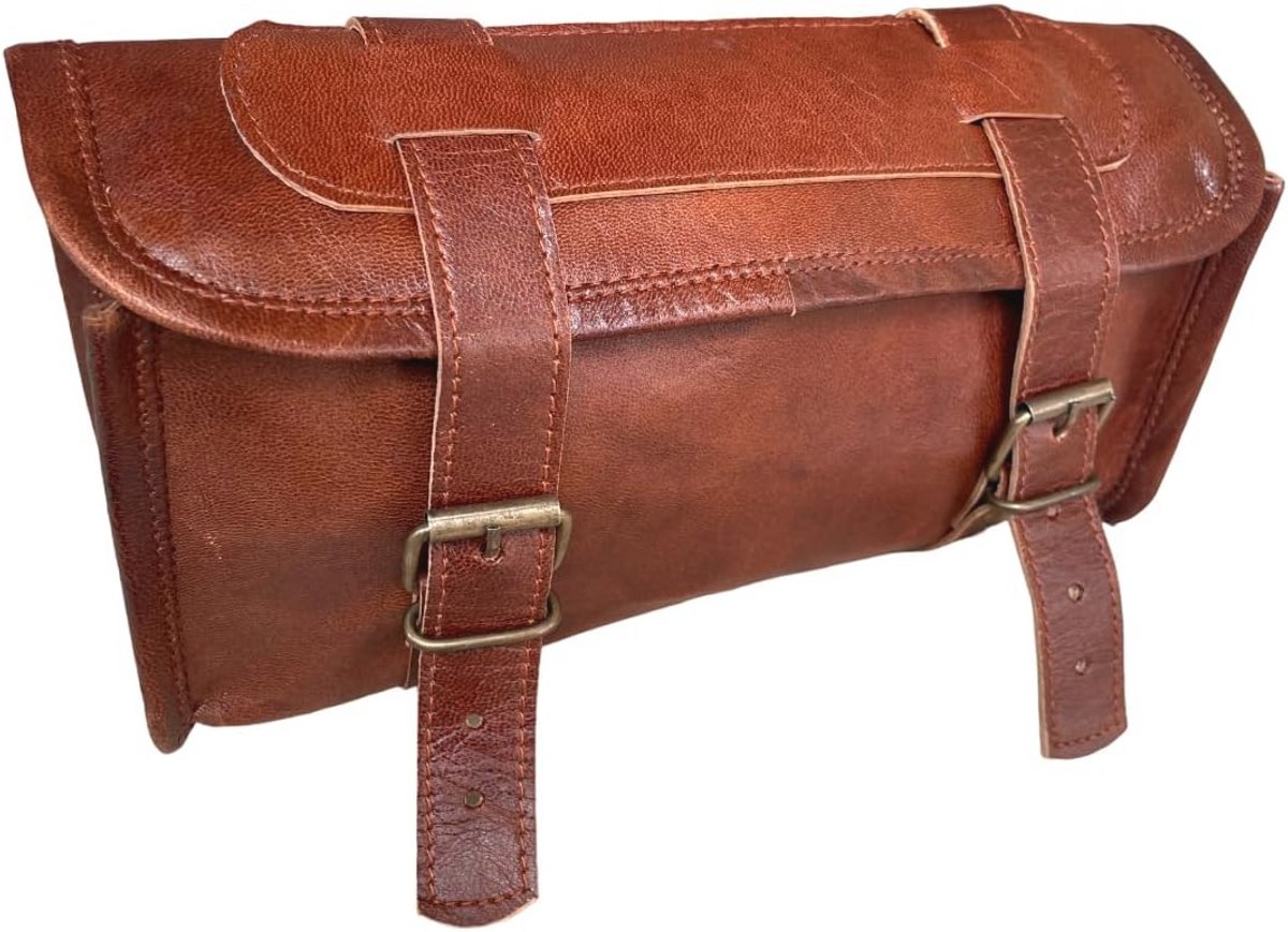 Vintage leren motortas voor stuur, 2-riemgespsluiting, snelsluiting, versterkt, bruine gereedschapstas