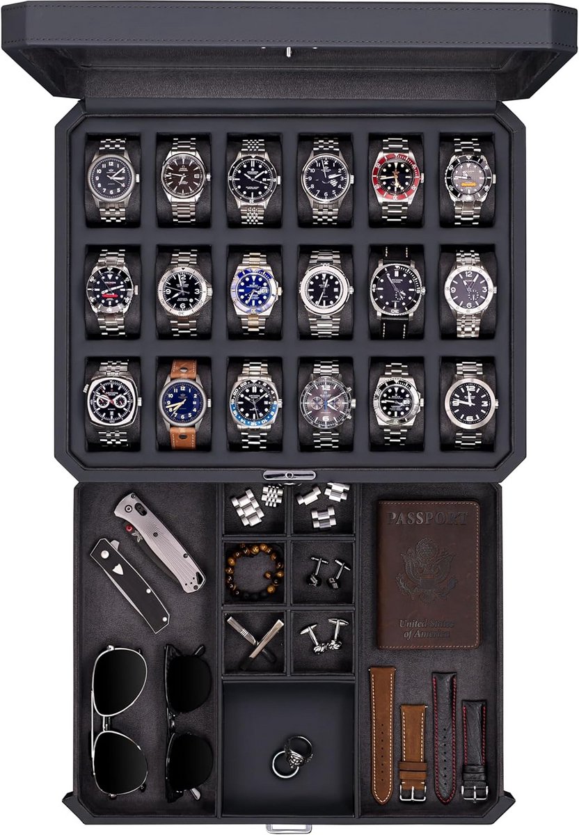 Luxe Horlogedoos met 18 Vakken en Accessoirelade - Met Slot en Glazen Deksel