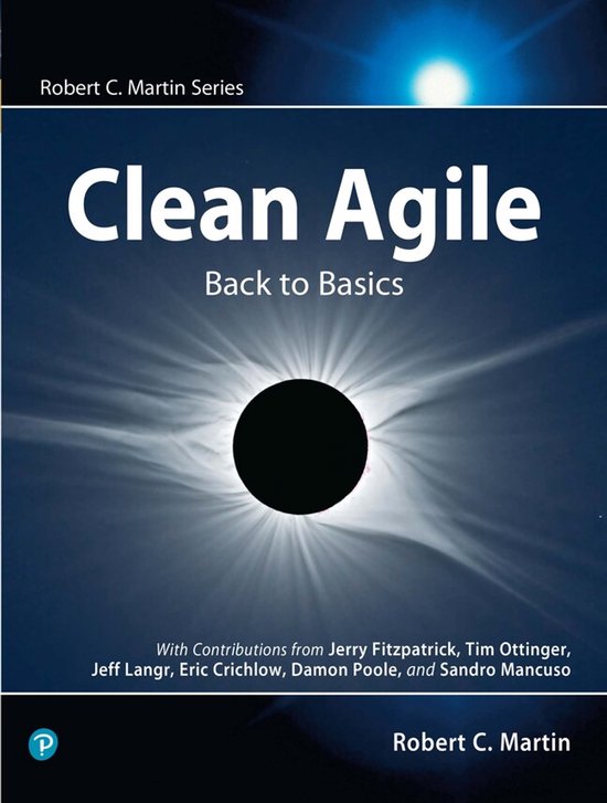 Boekomslag voor 'Clean Agile: Back to Basics' door Robert C. Martin, met een afbeelding van een zonsverduistering.