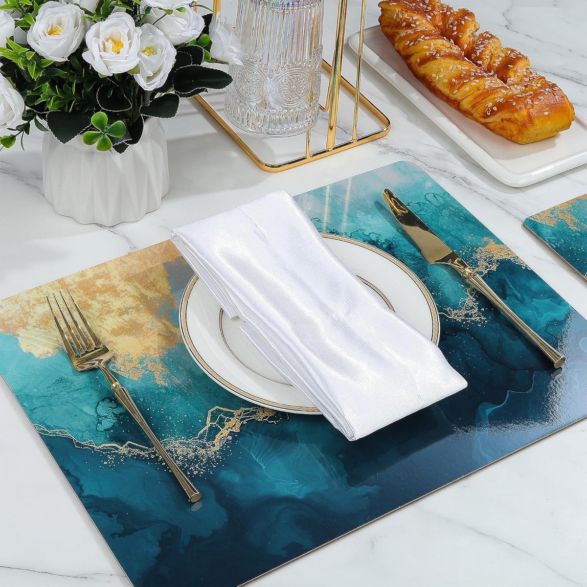 Set van 4 Rechthoekige Kurk Placemats met Marmerprint en Onderzetters - Hittebestendig