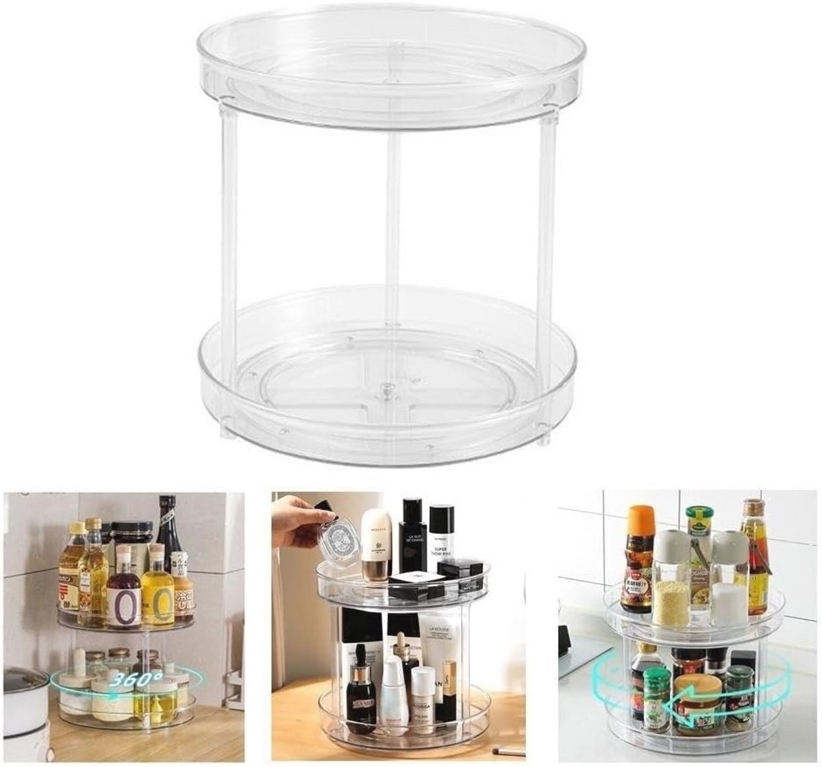 Draaiplateau Organizer 23,5 cm - 2-Etages Draaibaar Kruidenrek en Keukenkast Organizer - Transparante Koelkast Organizer voor Kruidens, Ingrediënten en Cosmetica - BPA-vrij