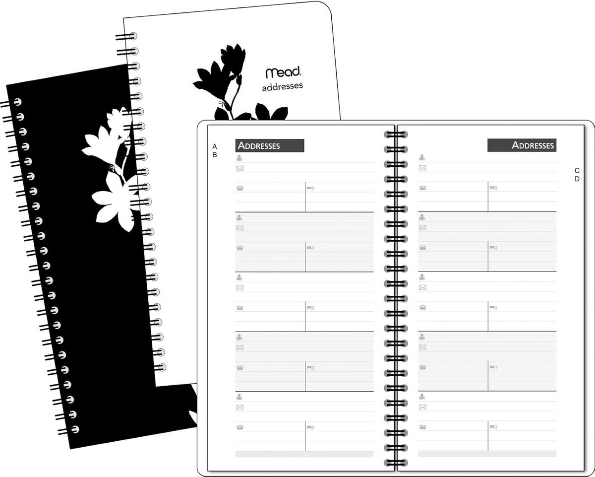 Bloemrijk adresboek met informatiepagina's en dubbele tabbladen