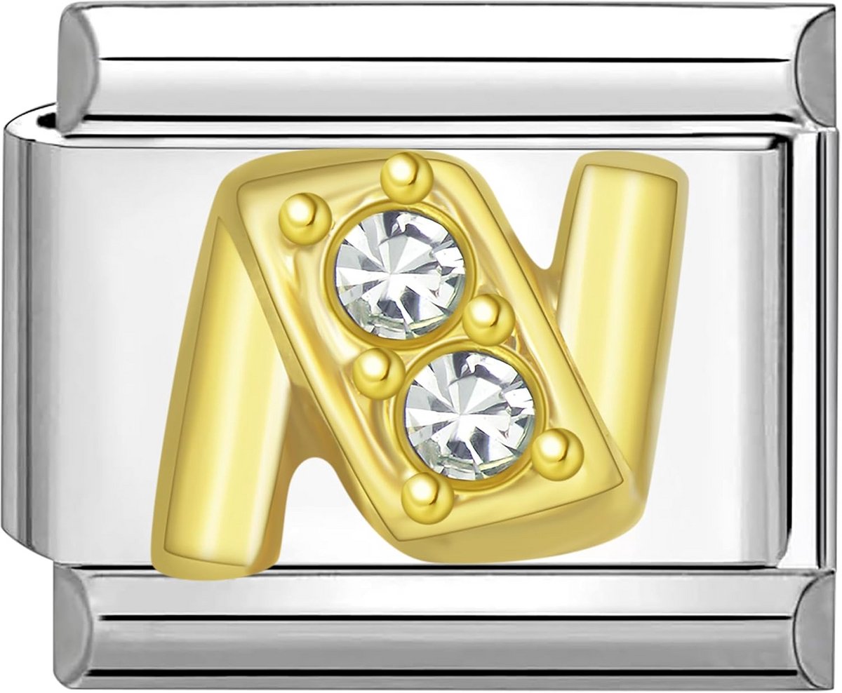 9mm Italiaanse Schakel Bedel Module Roestvrij Staal Goud Zirkonia alfabet letter N voor Armbanden