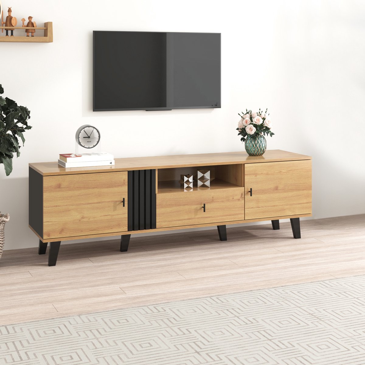 OKWISH TV-Meubel – Design Serie 2 Deuren + 1 Lade – Zonder LED – Ruime Opbergruimte & Hout