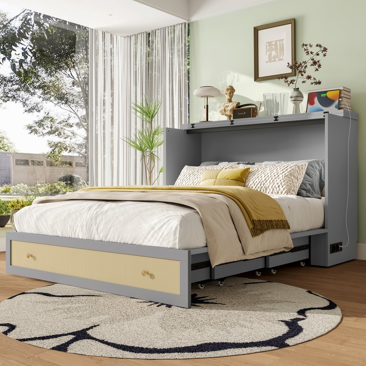 REDOM Bed 140x200 cm van grenenhout/MDF – Ombouwbaar platformbed met grote lades, USB/stopcontact – Grijs
