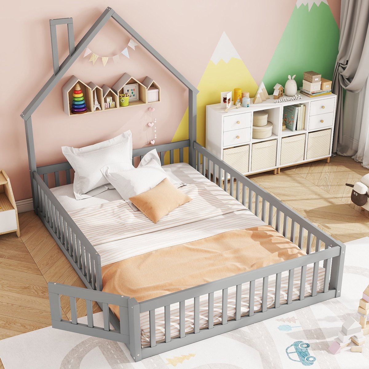 Wishdor – Kinderbed 140x200 cm – Schoorsteenontwerp – Inclusief Veiligheidshek & Lattenbod