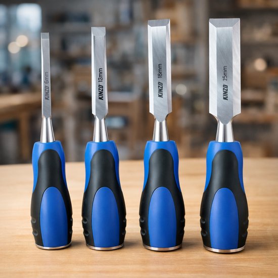 Kinzo Beitelset - 4 Stuks - 6/ 12/ 18/ 25 mm - Carbonstaal - voor Houtbewerking